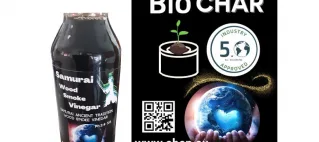 Biochar for Animal poo label and bottle of samurai wood smoke vinegar